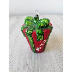Believe present glass ornament Xmas tree glitter red green